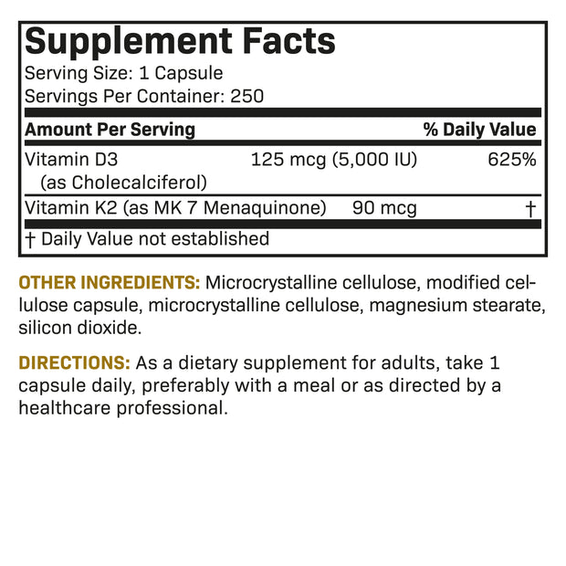 Vitamin K2 (MK7) with D3 Supplement, 250 Capsules