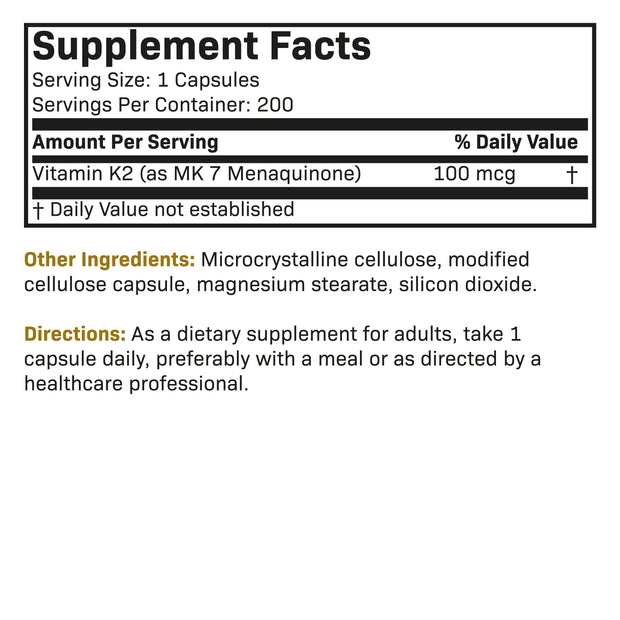 Vitamin K2 as MK-7 100 mcg, 200 Vegetarian Capsules