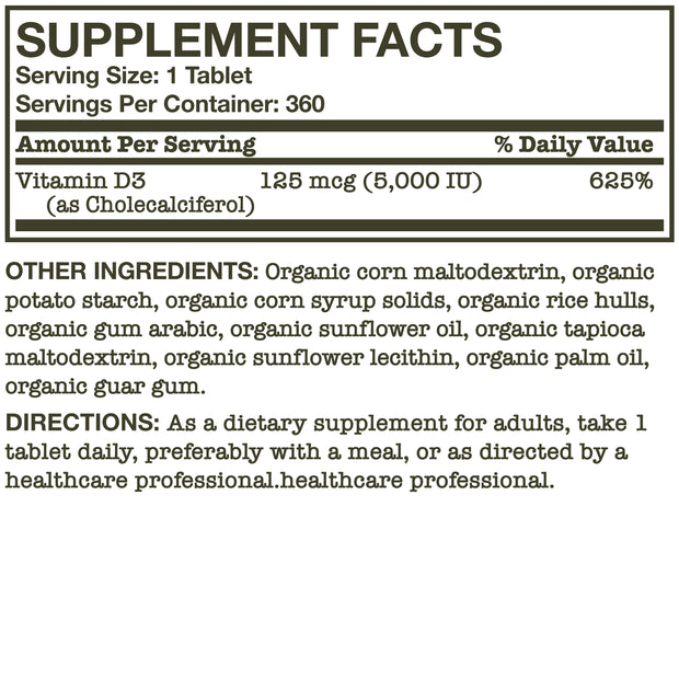 Certified Organic Vitamin D3 5,000 IU, 360 Organic Tablets