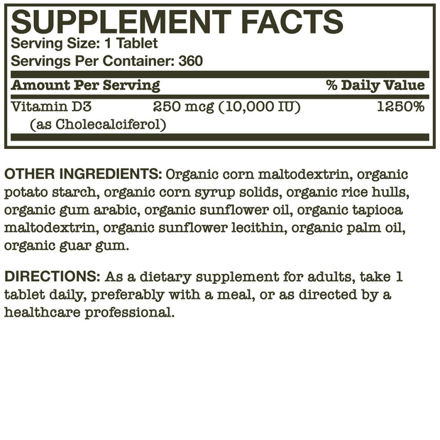 Certified Organic Vitamin D3 10,000 IU 360 Organic Tablets