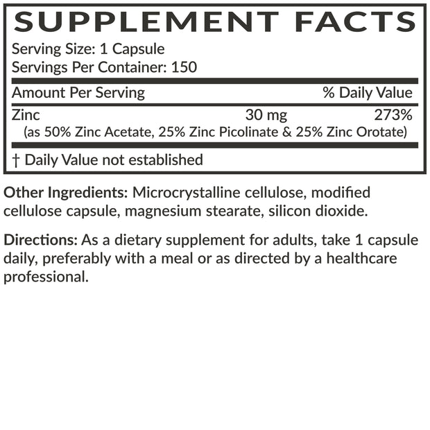 Zinc Triple Action 30mg Key Nutrient Blend, 150 Capsules