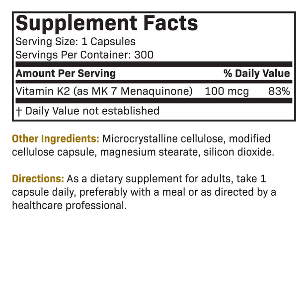 Vitamin K2 as MK-7 100 mcg, 300 Vegetarian Capsules