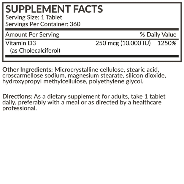 Vitamin D3 10,000iu (250mcg), 360 Tablets - 1 Year Supply