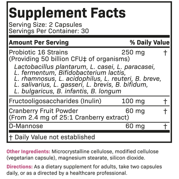 Women's Probiotic 50 Billion CFU + Prebiotic with Cranberry & D-Mannose, 60 Capsules