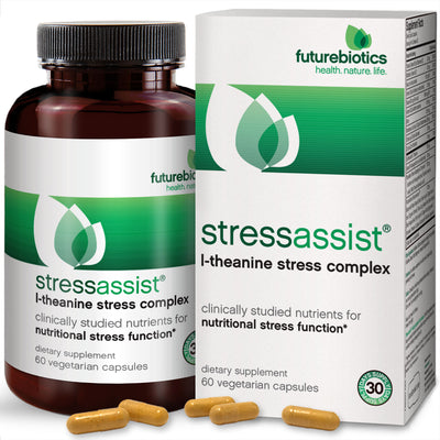 Front View of Futurebiotics StressAssist L-Theanine Stress Complex Bottle and Box