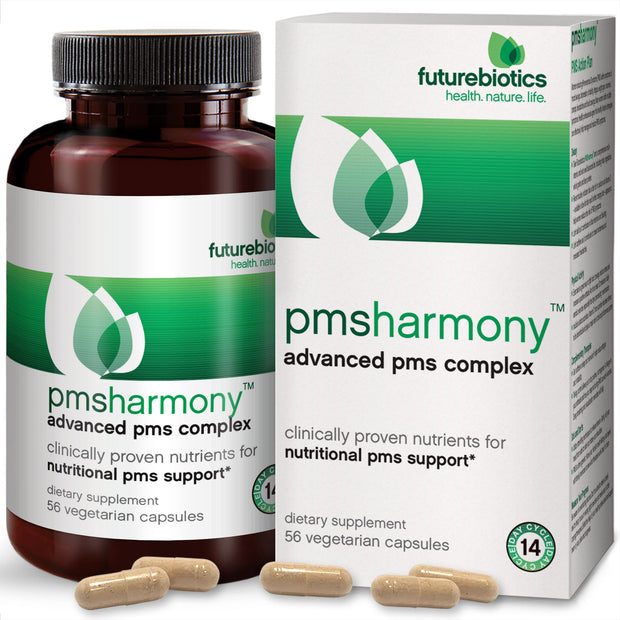 Front View of Futurebiotics PMSHarmony Advanced PMS Complex Bottle and Box