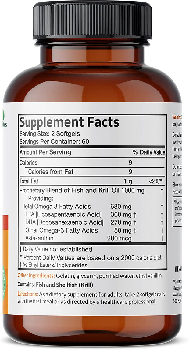 Omega-3 Fish + Krill Oil Heart Health, 1000 MG, Non- GMO 120 Softgels