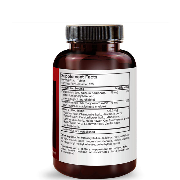 Side View of Futurebiotics Relax & Sleep Support Supplement, 60 Tablets Bottle