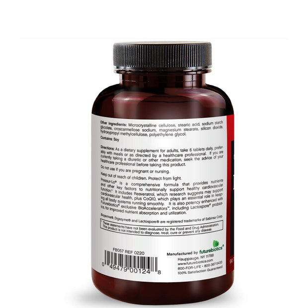 Back View of Futurebiotics Pressur-Lo Cardiovascular Supplement, 90 Tablets Bottle