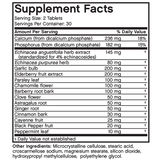 Nutritional Label for Front View of Futurebiotics Garlic Echinacea Elderberry Immune Support