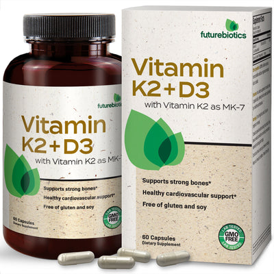 Front View of Products Futurebiotics Vitamin K2 (MK7) with D3 Bottle and Box