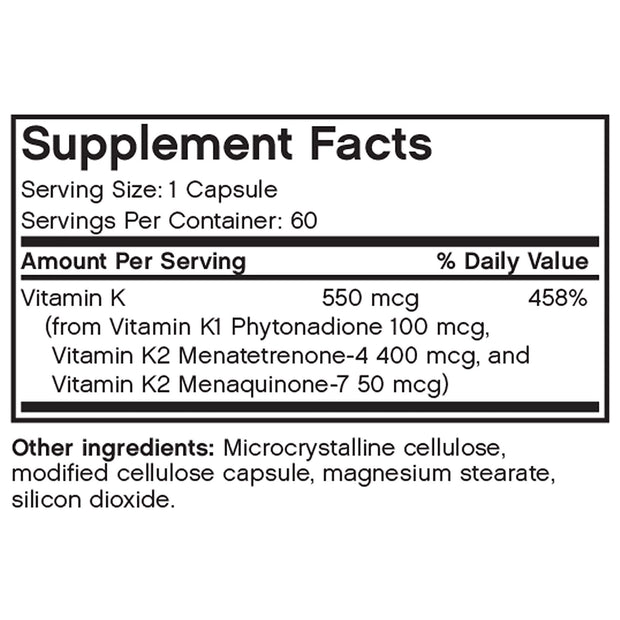 Nutritional Label for Futurebiotics Vitamin K Triple Play