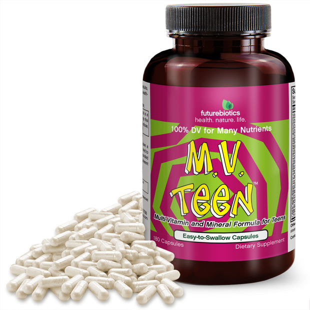 Front View of Futurebiotics M.V Teen, Multivitamin for Teens Bottle and Supplements